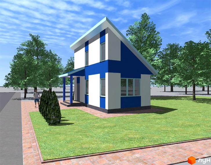 Котеджне містечко Созидатель Хаус з біло-синім фасадом та ганком. Навколо будинку зелений газон, доріжка з бруківки та дерева.