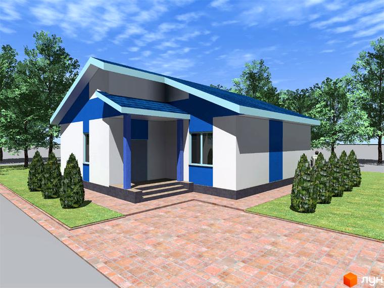 Котеджне містечко Созидатель Хаус: одноповерховий будинок з синьо-білим фасадом, критим ганком та бруківкою перед входом. Навколо будинку зелений газон та дерева.