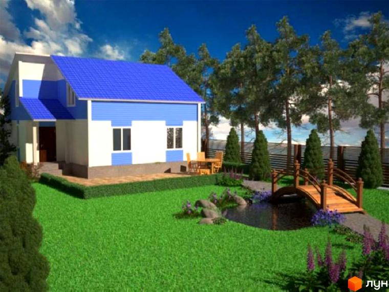 Котеджне містечко КМ Созидатель Хаус: двоповерховий будинок з синім дахом та біло-блакитними стінами, зелений газон, ставок з містком, дерева.