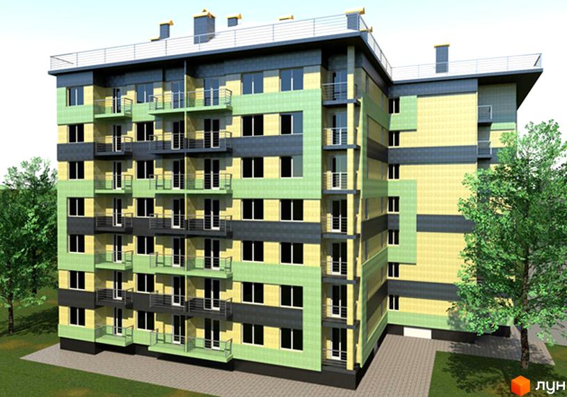 Зовнішній вигляд багатоповерхового будинку ЖК Галіція з балконами та вікнами. Навколо будинку зелені насадження та доріжка з бруківки.