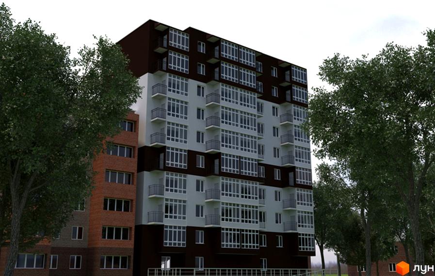 Житловий комплекс Комфорт-Кам'янець з цегляними та білими фасадами, багато вікон та балконів. Навколо зелені дерева.