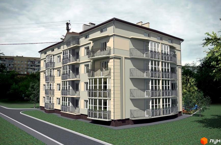 Зображення будинку по вул. Земельна, 5а, 5б. Багатоповерхова будівля з балконами та великими вікнами, поруч зелена територія та дорога.