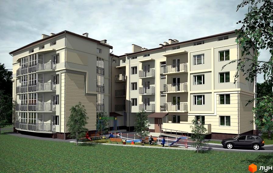 Зображення будинку за адресою вул. Земельна, 5а, 5б. Житловий комплекс з балконами та дитячим майданчиком на прибудинковій території.