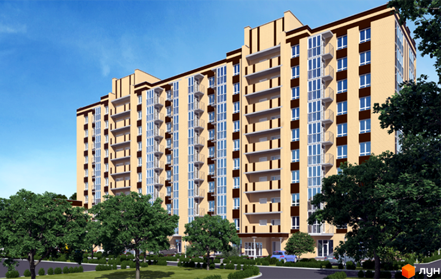 Зображення фасаду та прибудинкової території Житлового комплексу Статус Парк. Багатоповерховий будинок з балконами та великими вікнами, зелені насадження.