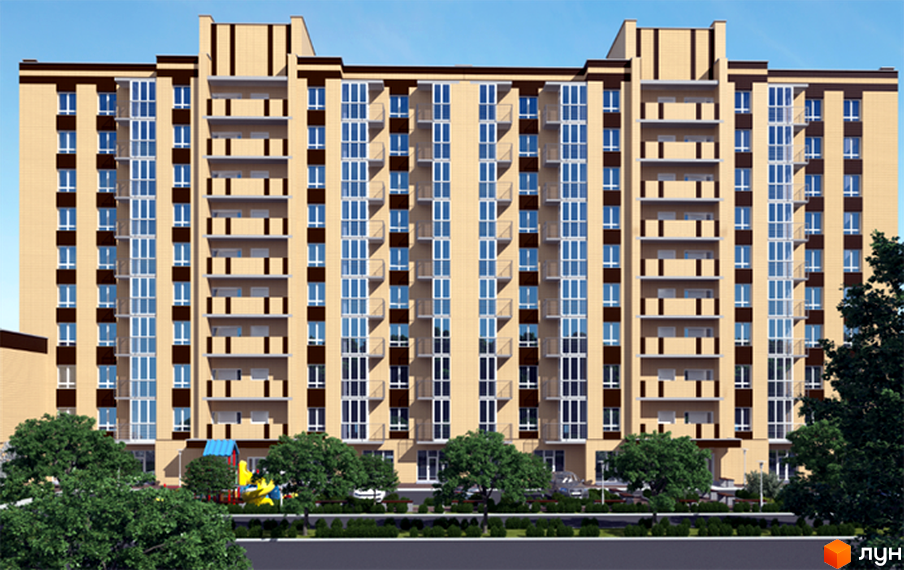 Фасад багатоповерхового будинку Житлового комплексу Статус Парк бежевого кольору з темними вікнами та балконами. Поруч розташовані зелені насадження та дитячий майданчик.