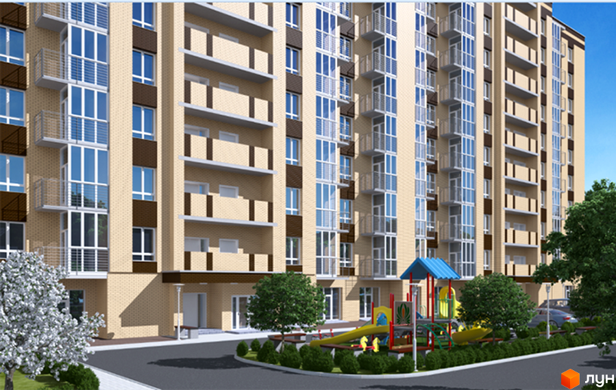 Житловий комплекс Статус Парк: багатоповерховий будинок зі світло-бежевим фасадом та темними акцентами. На прибудинковій території облаштований дитячий майданчик та зелені зони.