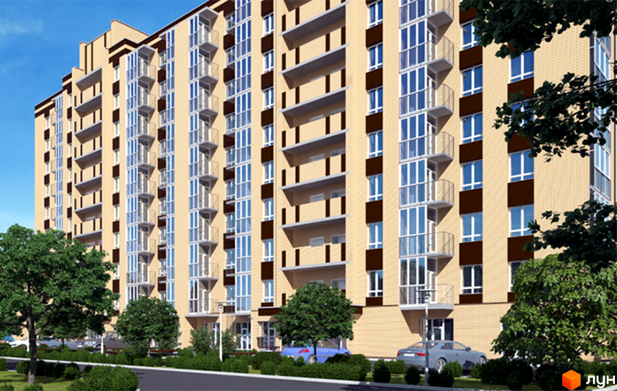 Житловий комплекс Статус Парк: багатоповерховий будинок зі світло-жовтою цегляною кладкою, темними акцентами та облаштованою прибудинковою територією з деревами.