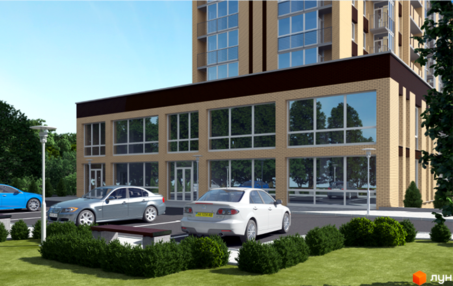 Житловий комплекс Статус Парк: багатоповерховий будинок з цегляним фасадом, великими вікнами. Прибудинкова територія з парковкою та зеленими насадженнями.