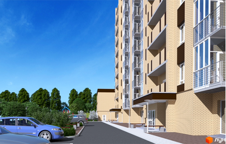 Багатоповерховий будинок Житлового комплексу Статус Парк з цегляним фасадом та балконами. Поруч парковка з автомобілями та зелені насадження.