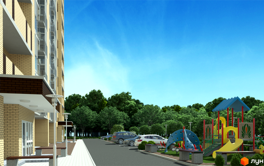 Зображення фасаду та прибудинкової території Житлового комплексу Status Park. На фото видно дитячий майданчик, парковку та зелені насадження.