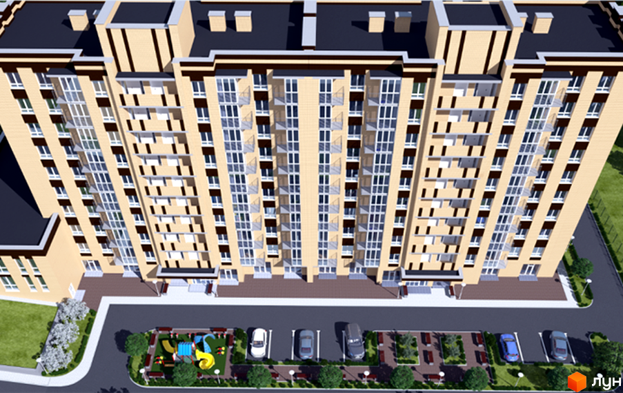 Житловий комплекс Статус Парк: багатоповерховий будинок бежевого кольору з темним дахом, дитячий майданчик, парковка та зелені зони.