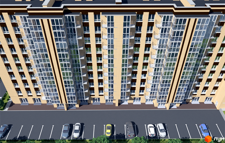 Зображення фасаду та прибудинкової території Житлового комплексу Статус Парк. Багатоповерховий будинок з великою кількістю вікон та балконів, парковка для автомобілів.