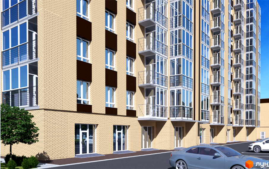 Житловий комплекс Статус Парк: багатоповерховий будинок зі світлої цегли, заскленими балконами та прибудинковою територією з парковкою.