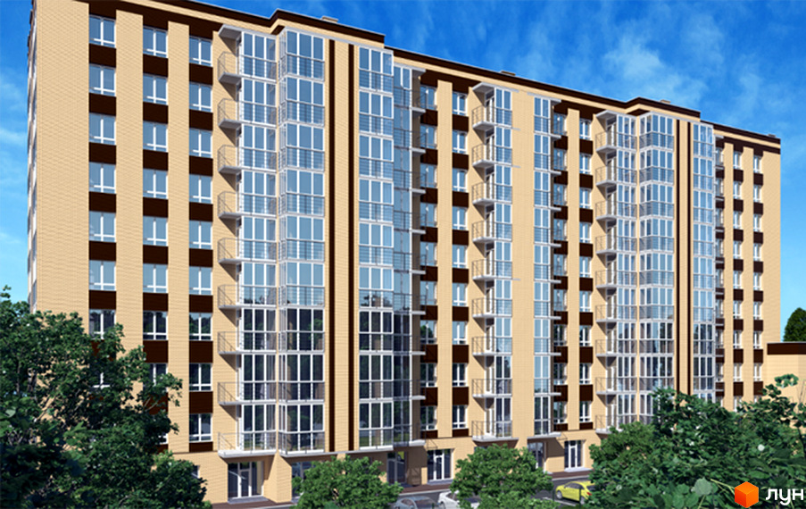 Житловий комплекс Статус Парк: багатоповерховий будинок світло-коричневого кольору з великими вікнами та заскленими балконами. Навколо зелені дерева.