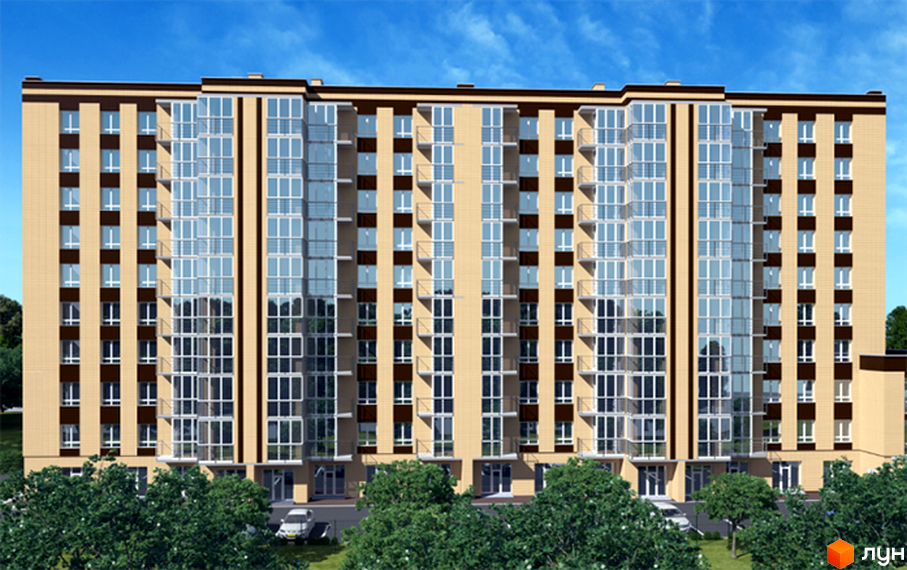 Житловий комплекс Статус Парк: багатоповерховий будинок світло-бежевого кольору з темними вставками, великими вікнами та заскленими балконами, навколо зелені дерева.