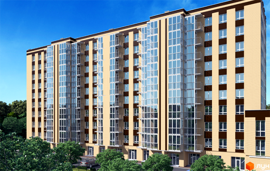 Зображення фасаду багатоповерхового будинку в Житловому районі Статус Парк. На передньому плані зелені дерева та прибудинкова територія.