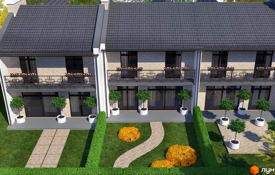 Таунхауси Modena – це двоповерхові будинки з сірою черепицею та балконами, оточені акуратним зеленим ландшафтом з доріжками та кущами.