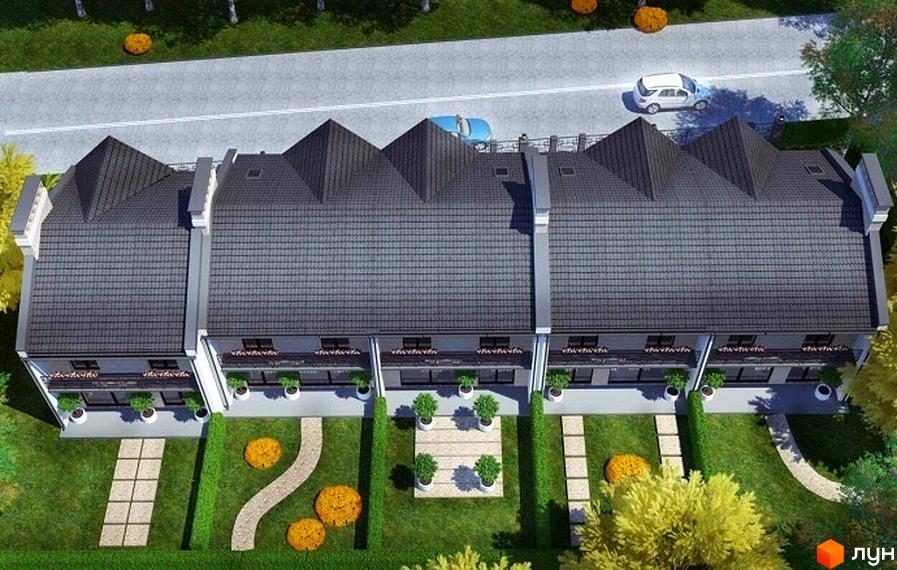 Таунхауси Modena з сірими дахами та білими фасадами, розташовані на доглянутій прибудинковій території з доріжками та зеленими насадженнями.