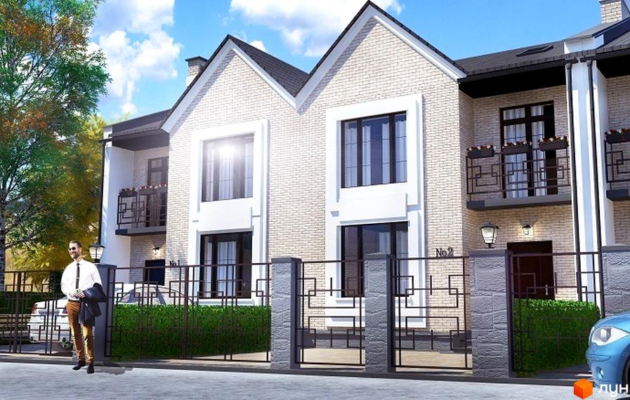 Зовнішній вигляд таунхаусів Modena з білої цегли з великими вікнами та балконами. Прибудинкова територія огороджена парканом з елементами декору.