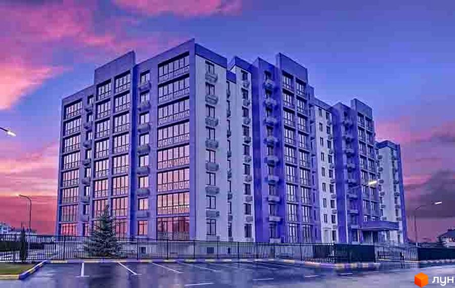 Новобудова ЖК Аметист з фіолетовими фасадами та великими вікнами. Прибудинкова територія з парковкою та огорожею.