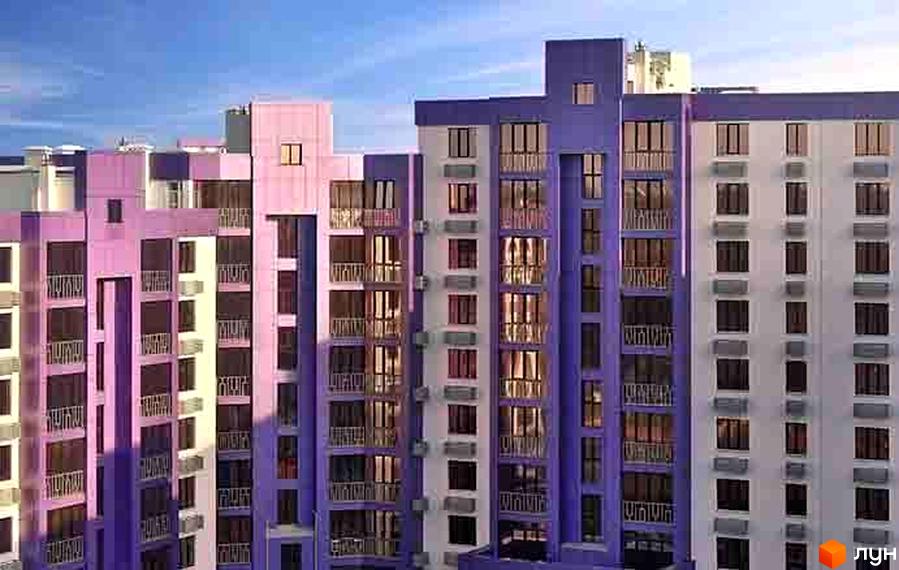 Новобудова ЖК Аметист із фіолетовими та рожевими фасадами, балконами та вікнами. Сучасний житловий комплекс із багатоповерховими будинками.