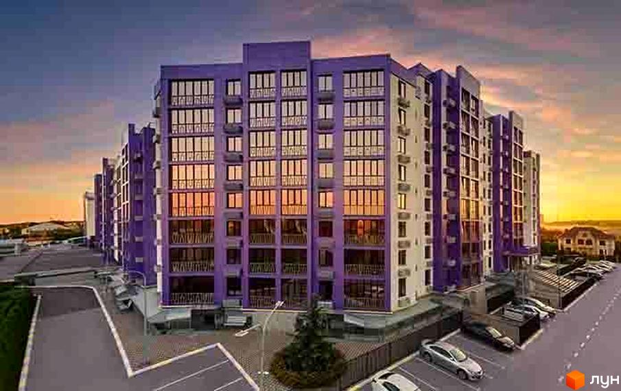 Житловий комплекс Аметист - фіолетово-біла багатоповерхівка з великою кількістю вікон. На прибудинковій території розташовані паркувальні місця та зелені насадження.