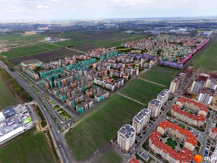 Вид згори на житловий комплекс Європейка з різнокольоровими будинками та доглянутою прибудинковою територією. На фото видно дороги, парковки та зелені зони.