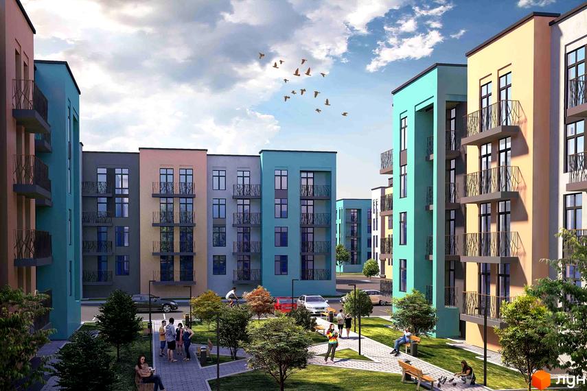 Житловий комплекс Європейка. Багатоповерхові будинки з балконами та різнокольоровими фасадами. На прибудинковій території зелені насадження, доріжки та люди.