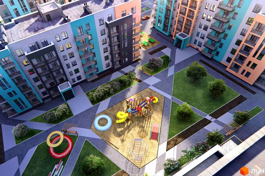 Житловий комплекс Європейка з яскравими фасадами та дитячим майданчиком. Сучасний дизайн будинків та доглянута прибудинкова територія з зеленими зонами.