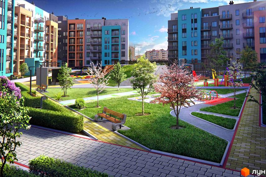 Новобудова Європейка з яскравими фасадами та зеленою прибудинковою територією. На території є дитячий майданчик, зони відпочинку та доглянутий ландшафт.