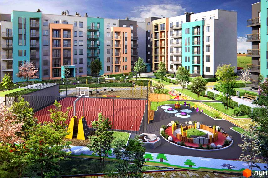 Новобудова Європейка з яскравими фасадами та балконами. На прибудинковій території дитячий майданчик та спортивний майданчик з баскетбольним кільцем.