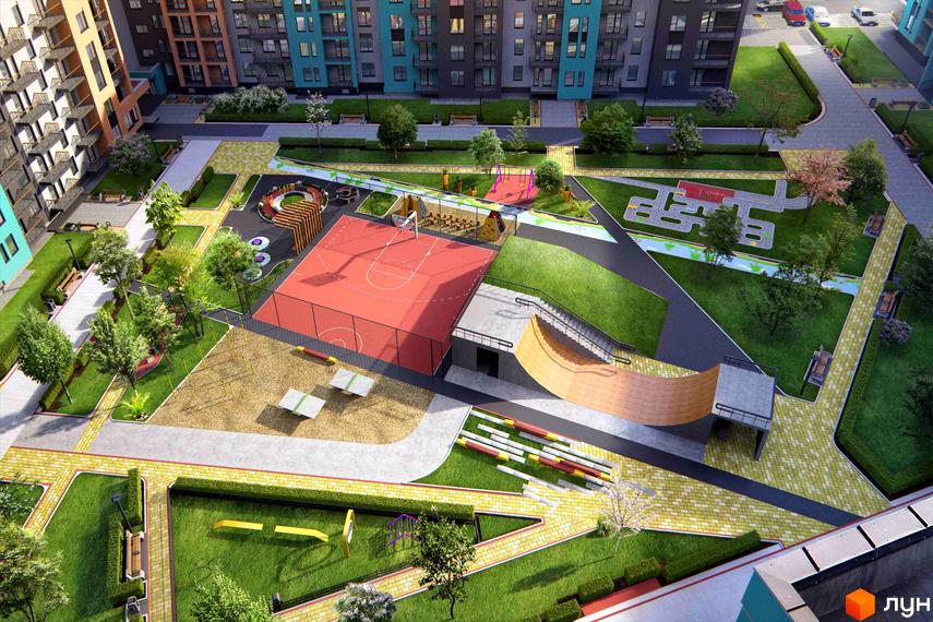 Житловий комплекс Європейка. Сучасний житловий комплекс з баскетбольним майданчиком, дитячим майданчиком та зоною для відпочинку.