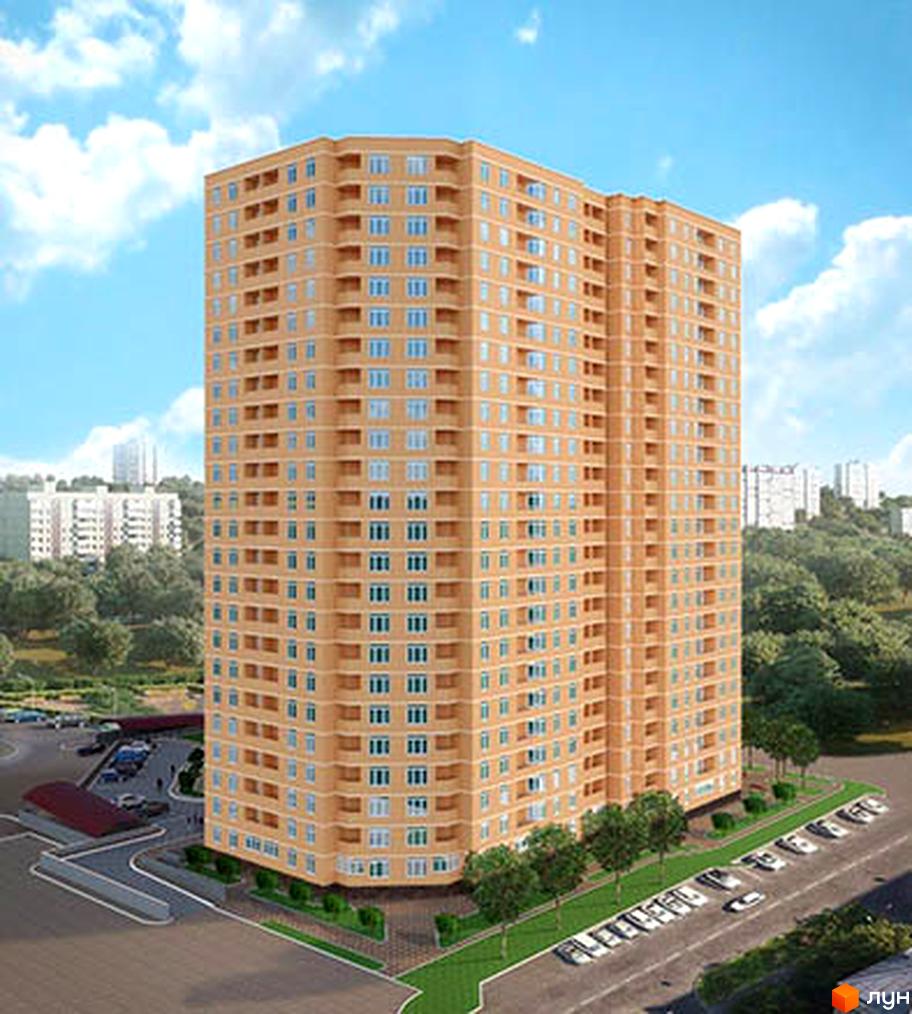 Багатоповерховий житловий будинок бежевого кольору з балконами та вікнами. Прибудинкова територія Житлового комплексу Дмитріївський має зелені насадження та парковку.