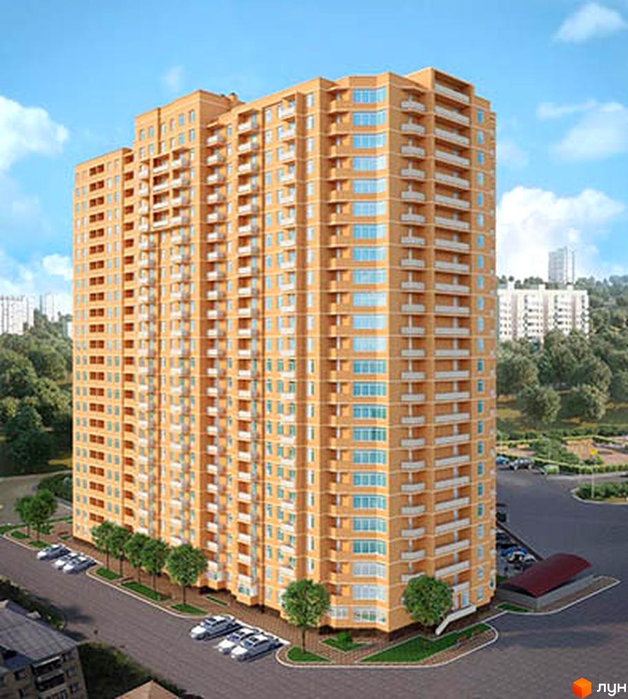 Зовнішній вигляд багатоповерхового будинку ЖК Дмитріївський з численними балконами та вікнами. На прибудинковій території розташовані дерева та парковка з автомобілями.