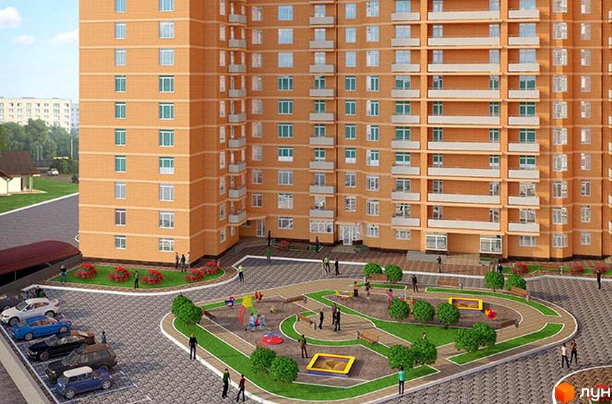 Зображення фасаду та подвір'я багатоповерхового будинку. Житловий комплекс Дмитріївський з облаштованим дитячим майданчиком та парковкою.