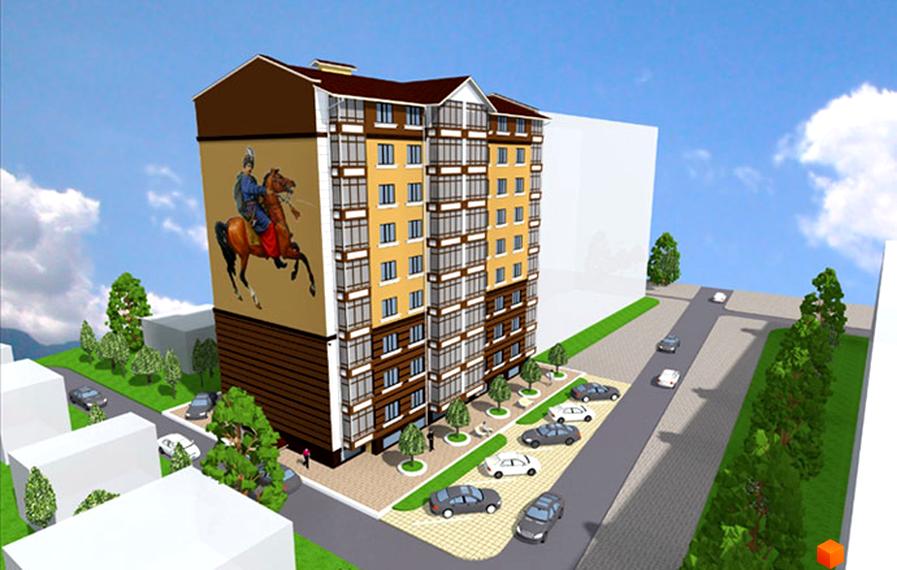 Зовнішній вигляд житлового комплексу на вул. Сніжна, 52, з муралом козака на коні. Навколо будинку розташовані дерева та припарковані автомобілі.