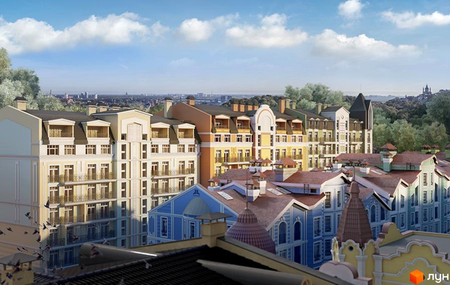 Житловий комплекс Подол Град - це багатоповерхові будинки з балконами та вікнами, розташовані на фоні міського пейзажу та зелених дерев.