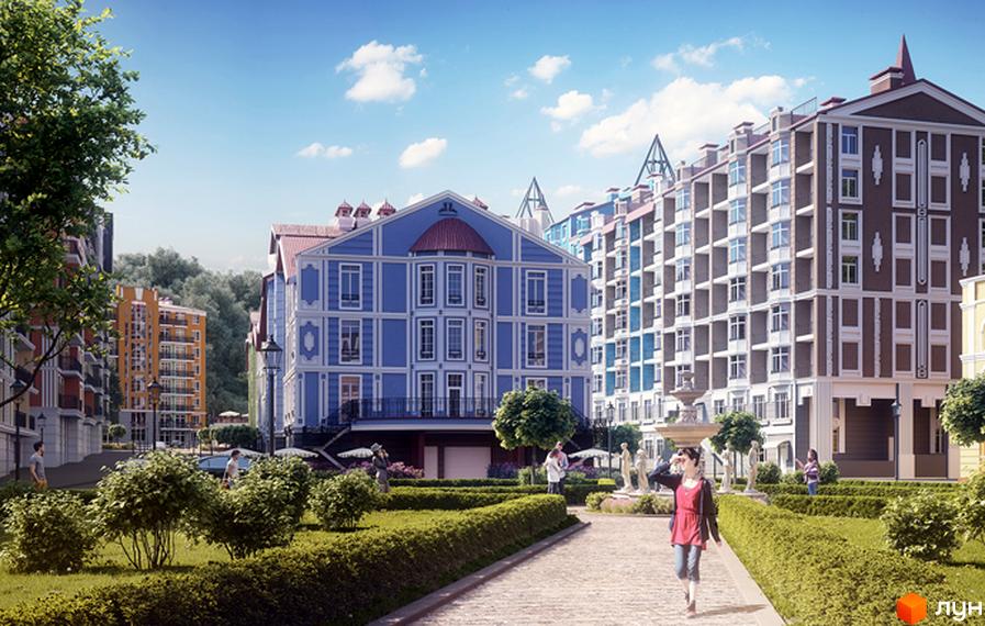 Житловий комплекс Подол Град. Фасади будинків у синіх та коричневих тонах, з балконами та вікнами. Прибудинкова територія з доглянутими кущами та алеєю.