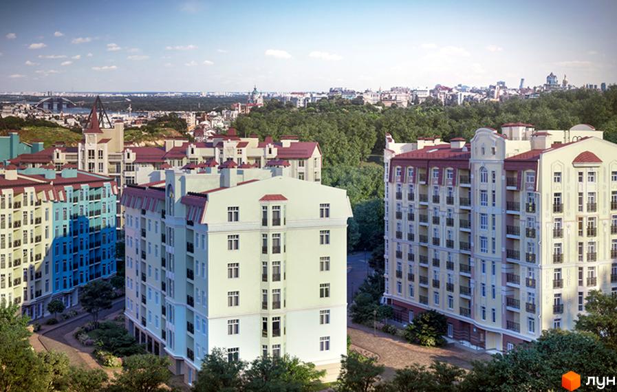 Житловий комплекс Подол Град - фасади будівель з червоними дахами та блакитними елементами, прибудинкова територія з деревами та доріжками.