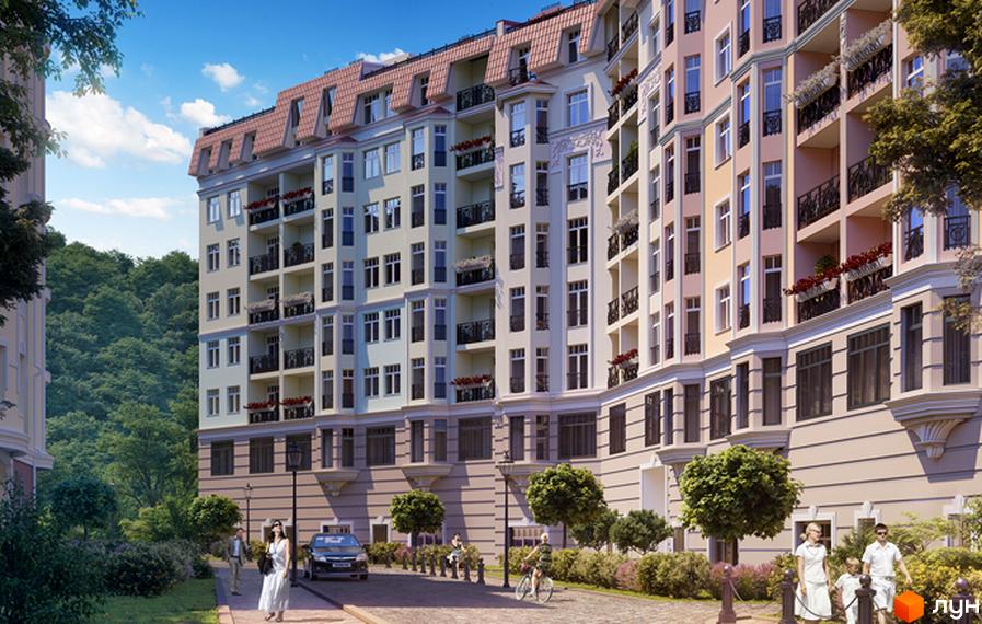 Житловий комплекс Подол Град - фасад будівлі з балконами та вікнами, прибудинкова територія з деревами та людьми.