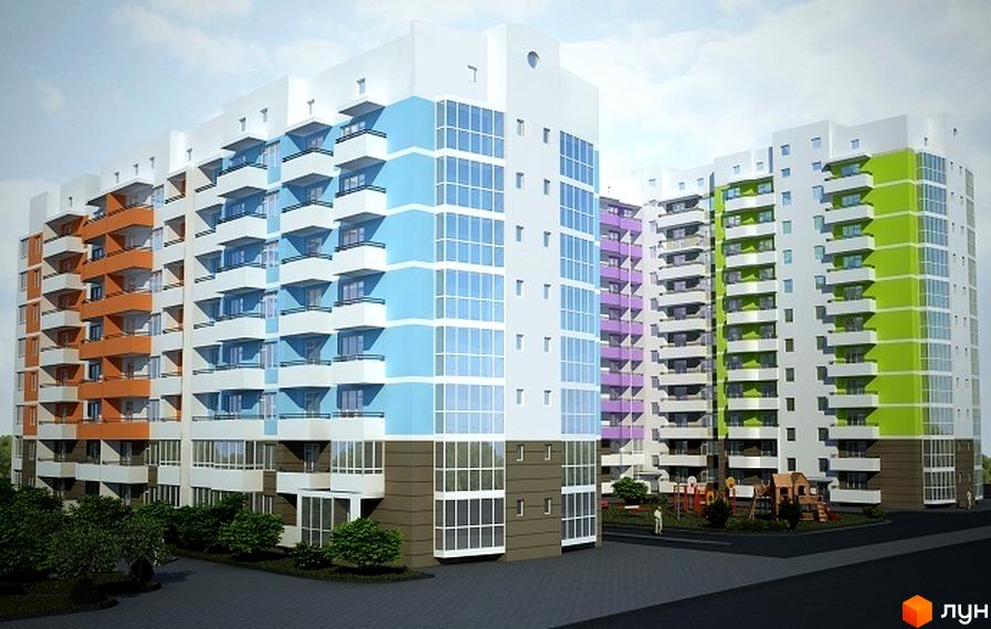 Житловий комплекс Еко-дім на Стрийській: багатоповерхові будинки з білими фасадами та яскравими кольоровими секціями. Прибудинкова територія з зеленими насадженнями та дитячим майданчиком.