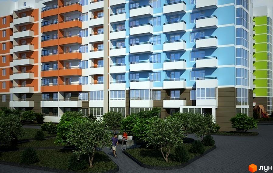 Житловий комплекс Еко-дім на Стрийській: багатоповерхові будинки оранжевого та блакитного кольорів з балконами, зелена прибудинкова територія.