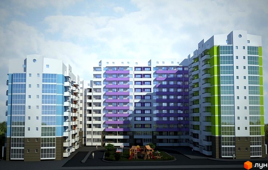 Житловий комплекс Еко-дім на Стрийській: багатоповерхові будинки з кольоровими фасадами та дитячим майданчиком у дворі.