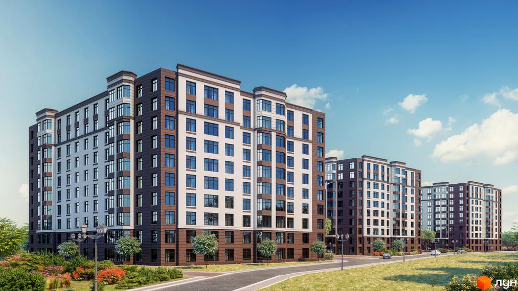 Житловий комплекс Празький квартал 2 з сучасною архітектурою. Прибудинкова територія з зеленими насадженнями та доріжками.