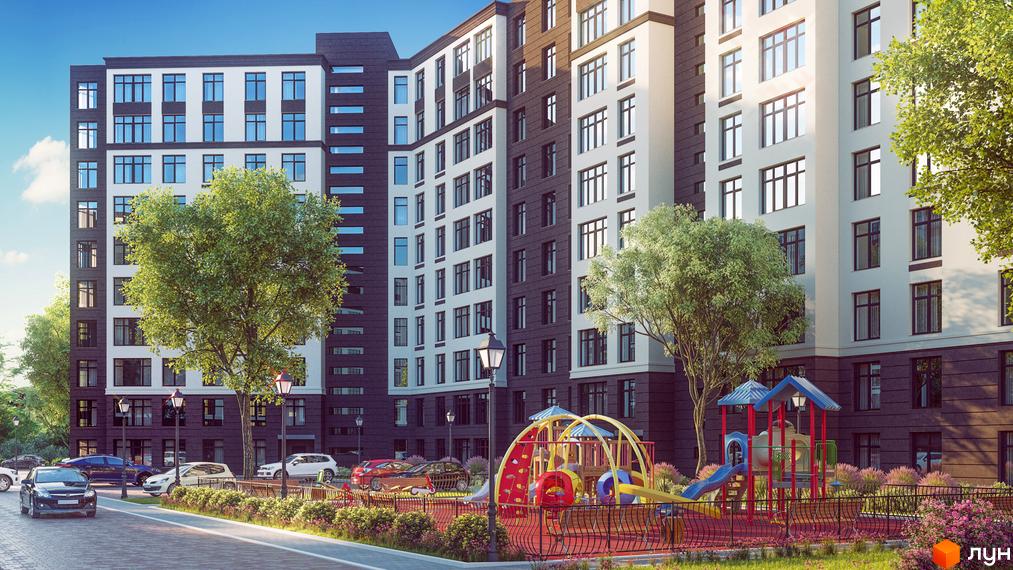 Сучасний будинок житлового комплексу Празький квартал 2 з прибудинковою територією та дитячим майданчиком.