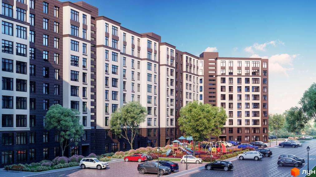 Житловий комплекс Празький квартал 2 з сучасною архітектурою та прибудинковою територією з дитячим майданчиком і зеленими насадженнями.