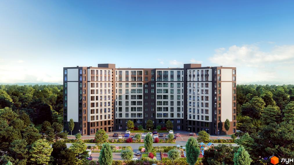 Житловий комплекс Празький квартал 2 з сучасною архітектурою та прибудинковою територією з зеленими насадженнями та парковкою.