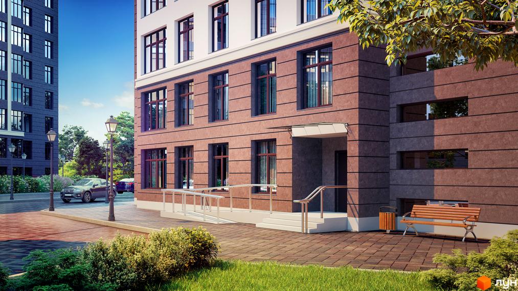 Зовнішній вигляд будинку житлового комплексу Празький квартал 2 з прибудинковою територією та зеленими насадженнями.