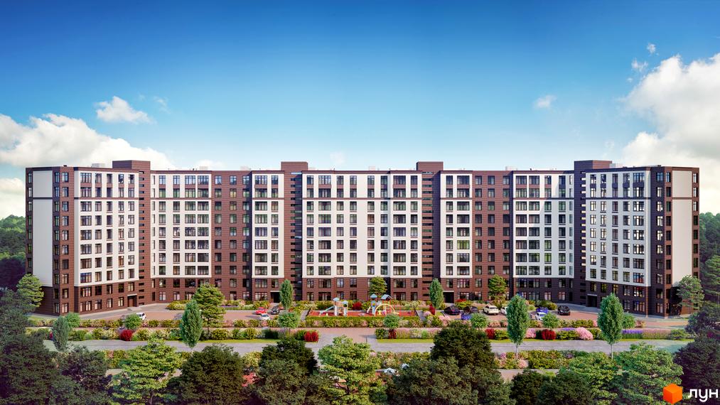 Житловий комплекс Празький квартал 2. Багатоповерховий будинок з біло-коричневим фасадом, великою кількістю вікон та дитячим майданчиком на прибудинковій території.