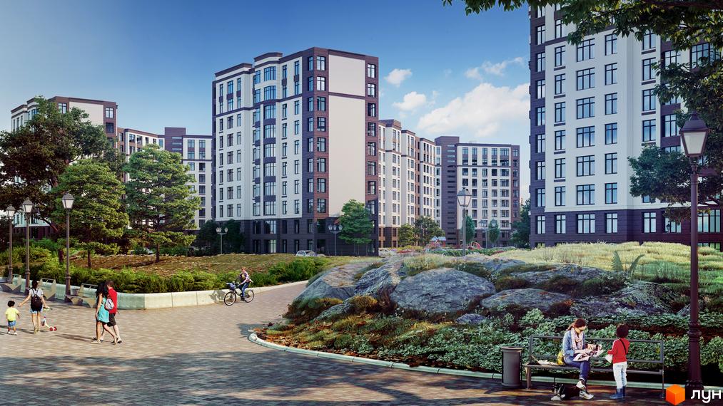 Житловий комплекс ЖК Празький квартал 2. Багатоквартирні будинки з білими та коричневими фасадами, розташовані серед зелених дерев та облаштованої прибудинкової території з доріжками та зонами відпочинку.